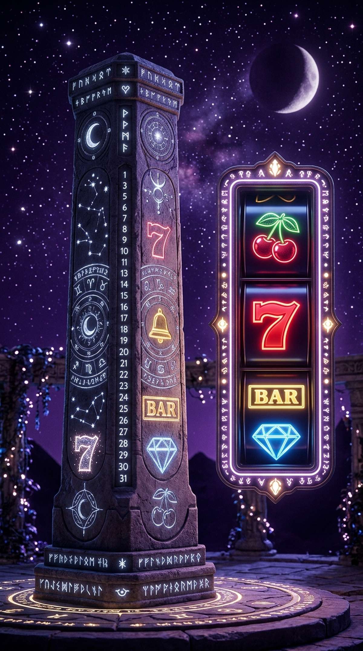 Pilar roda kalender tradisional dengan simbol guliran slot cherry seven bel BAR diamond di malam ungu berbintang