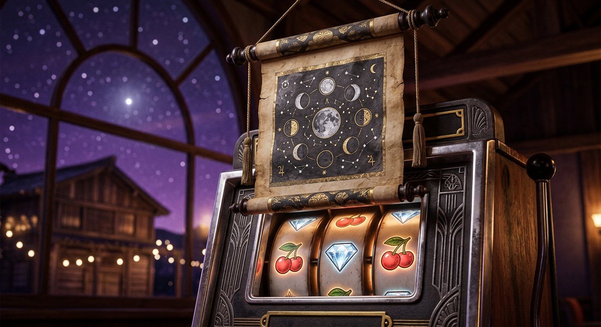Gulungan kalender lunar tergantung di atas guliran mesin slot vintage